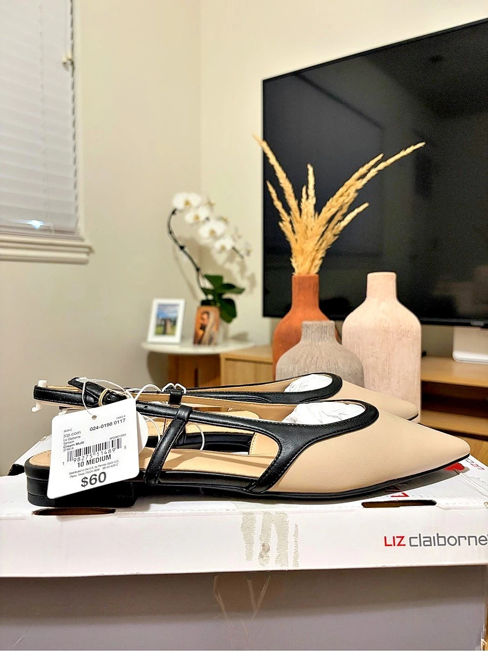 Liz Claiborne Sheba Pointed Toe Slingback Flats Beige & Black US 10 M